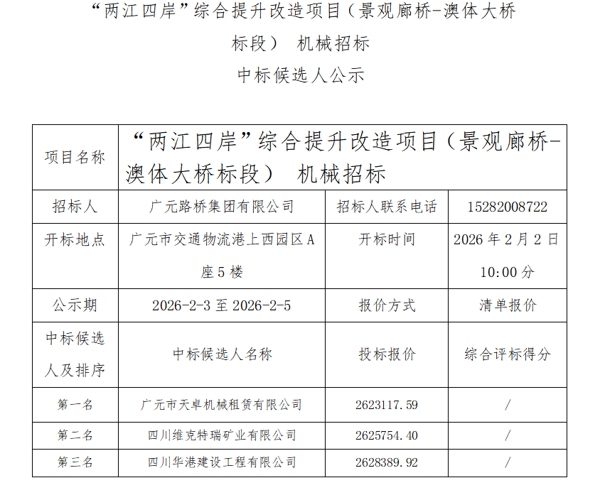 “两江四岸”综合提升改造项目(景观廊桥-澳体大桥标段) 机械招标中标候选人公示